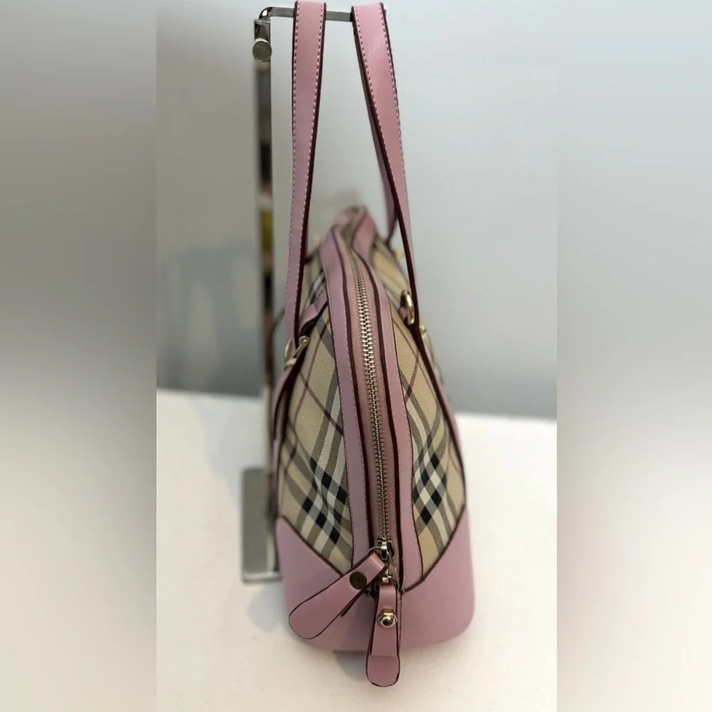 Plaid Dome Satchel Shoulder Bag Coated Canvas Pink Faux Leather Trim